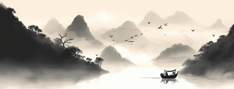 山水河流复古风意境自然景观中式风水墨画,插画/手绘图,插画/手绘图库,插画/手绘图下载,插画/手绘